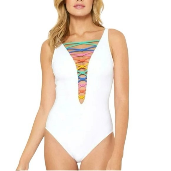 NWT retails 109, Bleu Rod Beattie white swimsuit with rainbow straps - Picture 1 of 9